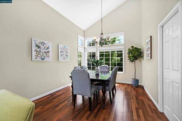Dining room, Interior, Pendant Lights, Wood Texture Flooring