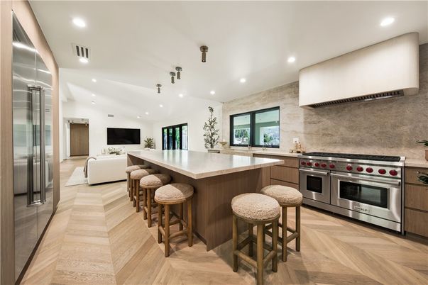 Interior, Kitchen, Living room, Recessed Lighting, Stainless Steel Appliances, Wood Texture Flooring