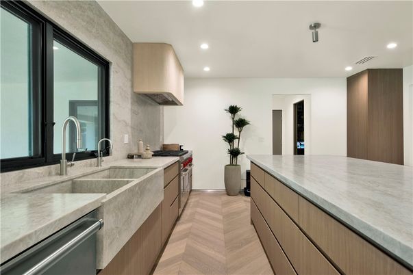 Interior, Kitchen, Recessed Lighting, Stainless Steel Appliances, Wood Texture Flooring