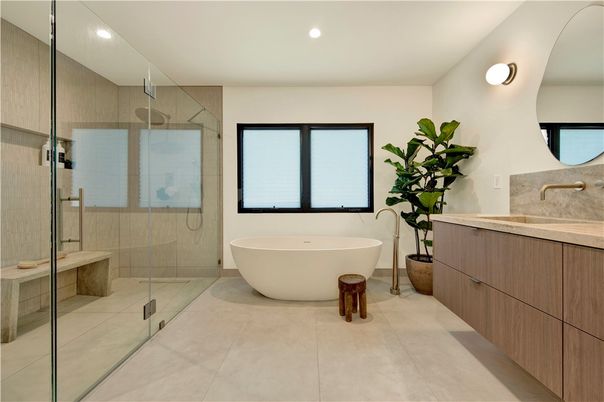 Bathroom, Free Standing Baths, Glass Shower, Interior, Recessed Lighting