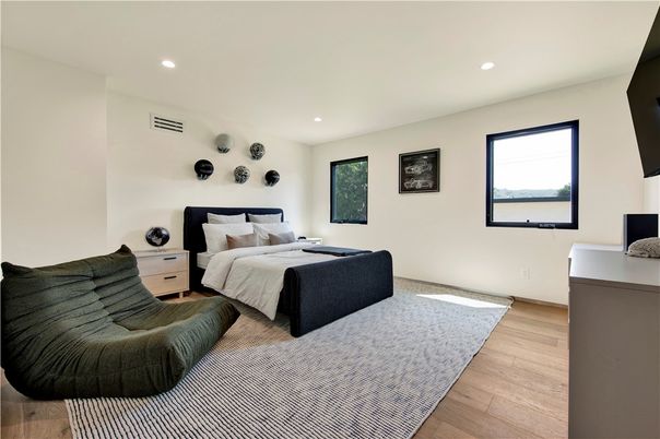 Bedroom, Interior, Recessed Lighting, Wood Texture Flooring