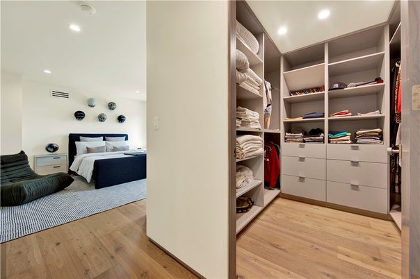 Bedroom, Interior, Recessed Lighting, Walk-in Closets, Wood Texture Flooring
