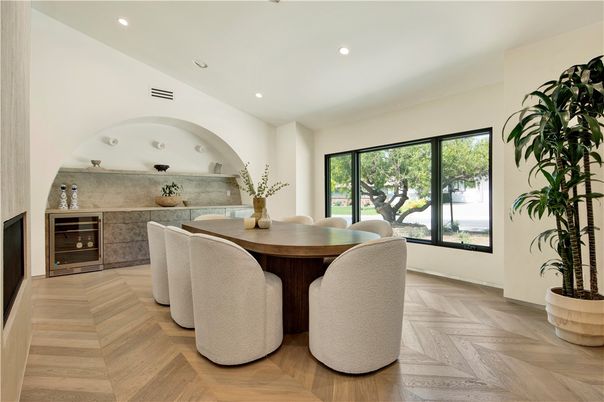 Dining room, Interior, Recessed Lighting, Wood Texture Flooring