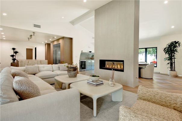 Fireplace, Interior, Living room, Recessed Lighting, Wood Texture Flooring