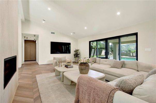 Fireplace, Interior, Living room, Recessed Lighting, Wood Texture Flooring