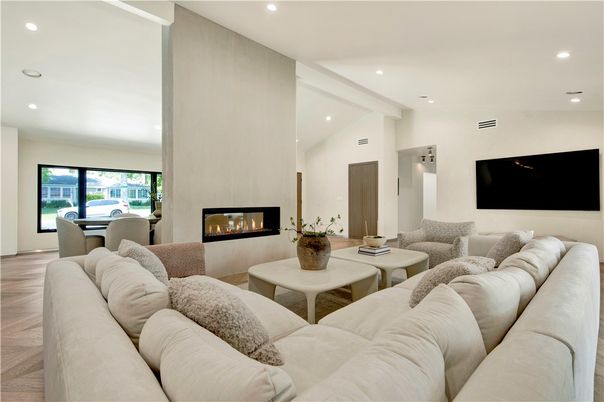 Fireplace, Interior, Living room, Recessed Lighting, Wood Texture Flooring