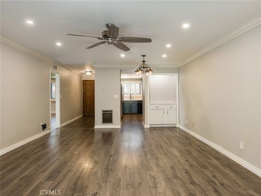 Chandelier, Empty room, Interior, Recessed Lighting, Wood Texture Flooring