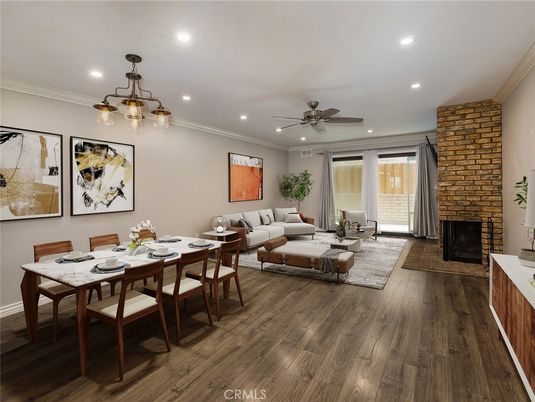 Dining room, Fireplace, Interior, Living room, Pendant Lights, Recessed Lighting, Stone Walls, Wood Texture Flooring