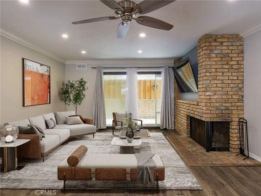 Fireplace, Interior, Living room, Recessed Lighting, Stone Walls, Wood Texture Flooring