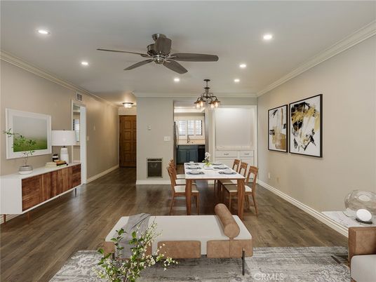 Dining room, Interior, Recessed Lighting, Wood Texture Flooring