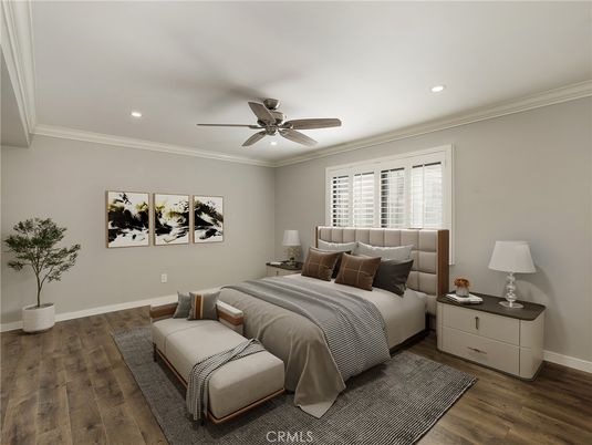 Bedroom, Interior, Recessed Lighting, Wood Texture Flooring
