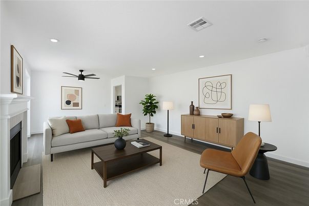 Fireplace, Interior, Living room, Recessed Lighting, Wood Texture Flooring