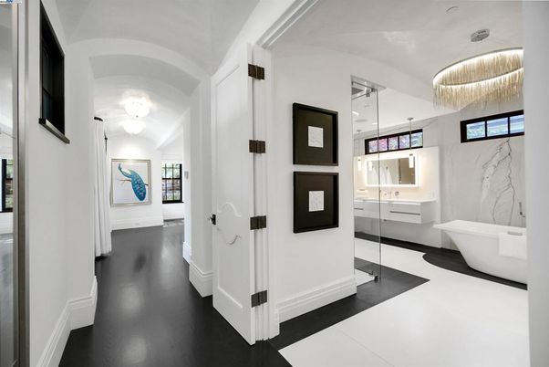 Bathroom, Chandelier, Free Standing Baths, Interior, Marble Walls, Wood Texture Flooring