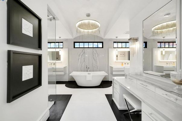 Bathroom, Dual Sink Vanities, Free Standing Baths, Interior, Marble Walls, Pendant Lights