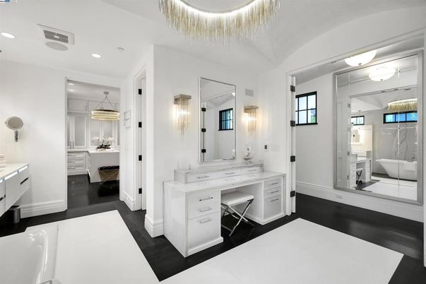 Bathroom, Dual Sink Vanities, Interior, Recessed Lighting, Wood Texture Flooring