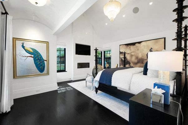 Bedroom, Fireplace, Interior, Pendant Lights, Recessed Lighting, Wood Texture Flooring