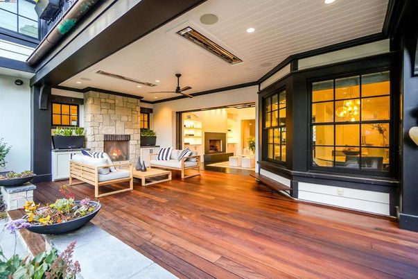 Fireplace, Interior, Living room, Recessed Lighting, Stone Walls, Wood Texture Flooring