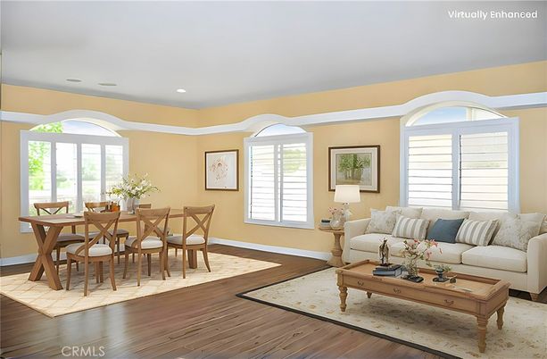 Dining room, Interior, Living room, Recessed Lighting, Wood Texture Flooring