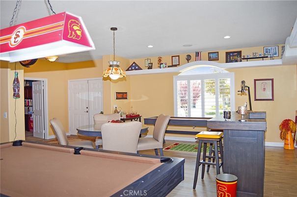 Dining room, Game Room, Interior, Pendant Lights, Recessed Lighting, Wood Texture Flooring