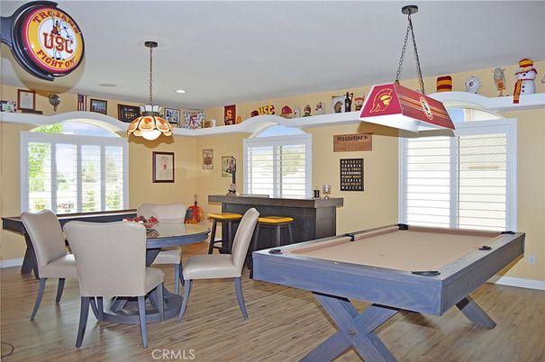 Billiard Table, Game Room, Interior, Pendant Lights, Recessed Lighting, Wood Texture Flooring
