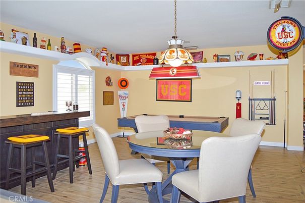 Billiard Table, Dining room, Game Room, Interior, Pendant Lights, Wood Texture Flooring
