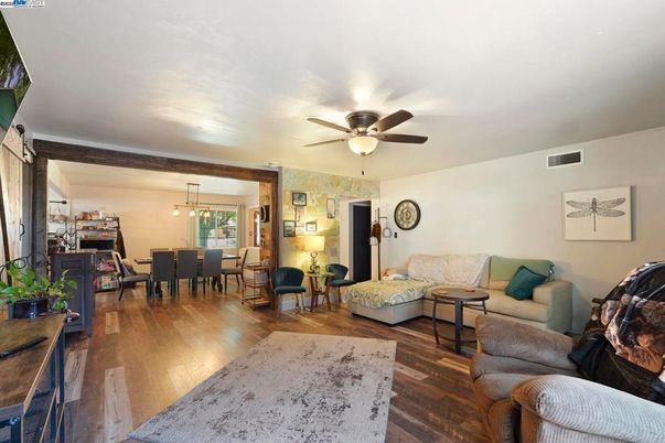 Dining room, Interior, Living room, Pendant Lights, Wood Texture Flooring