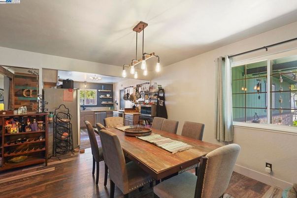 Dining room, Interior, Pendant Lights, Wood Texture Flooring