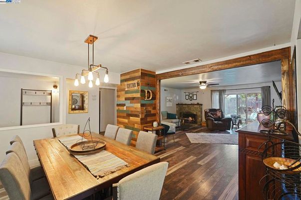 Dining room, Fireplace, Interior, Living room, Pendant Lights, Wood Texture Flooring