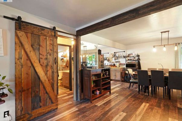 Dining room, Interior, Pendant Lights, Wood Texture Flooring