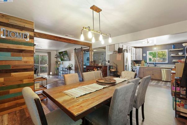 Dining room, Interior, Kitchen, Pendant Lights, Wood Texture Flooring