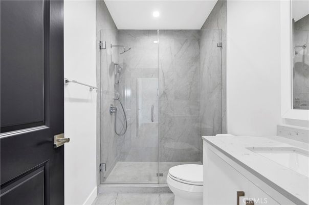Bathroom, Glass Shower, Interior, Marble, Marble Walls, Recessed Lighting