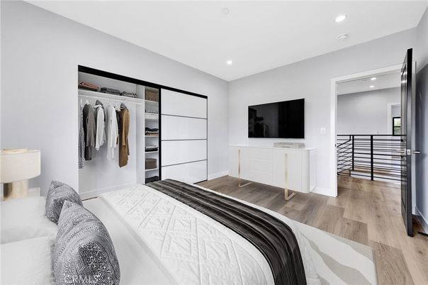 Bedroom, Interior, Recessed Lighting, Wood Texture Flooring