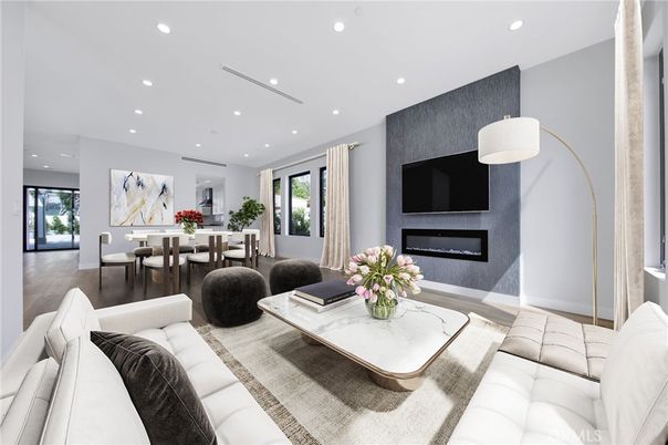 Dining room, Fireplace, Interior, Living room, Recessed Lighting, Wood Texture Flooring