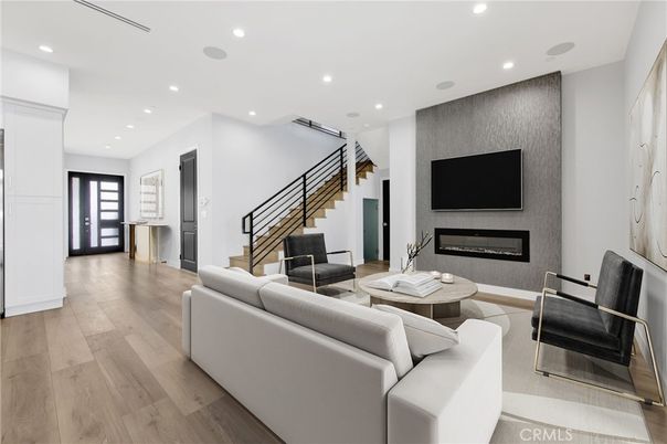 Fireplace, Interior, Living room, Recessed Lighting, Wood Texture Flooring