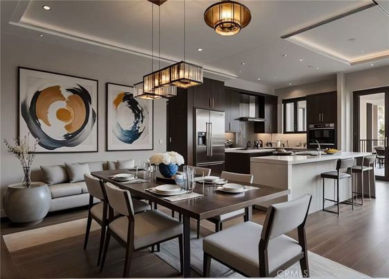 Dining room, Interior, Kitchen, Pendant Lights, Recessed Lighting, Stainless Steel Appliances, Wood Texture Flooring