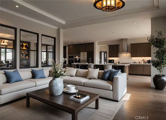 Interior, Kitchen, Living room, Recessed Lighting, Stainless Steel Appliances, Wood Texture Flooring