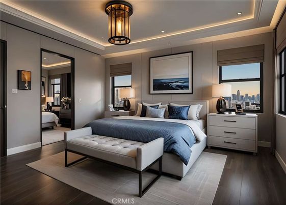 Bedroom, Interior, Recessed Lighting, Wood Texture Flooring