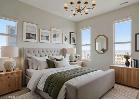 Bedroom, Chandelier, Interior, Wood Texture Flooring