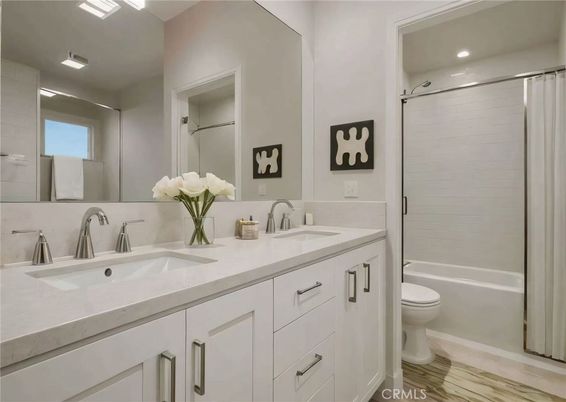 Bathroom, Dual Sink Vanities, Interior, Recessed Lighting, Wood Texture Flooring