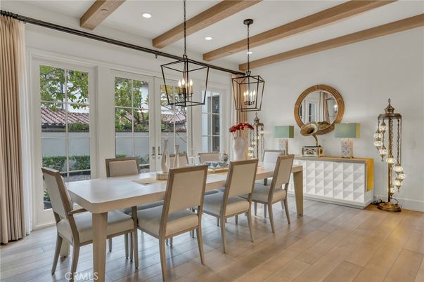 Dining room, Interior, Pendant Lights, Recessed Lighting, Wooden Beams, Wood Texture Flooring