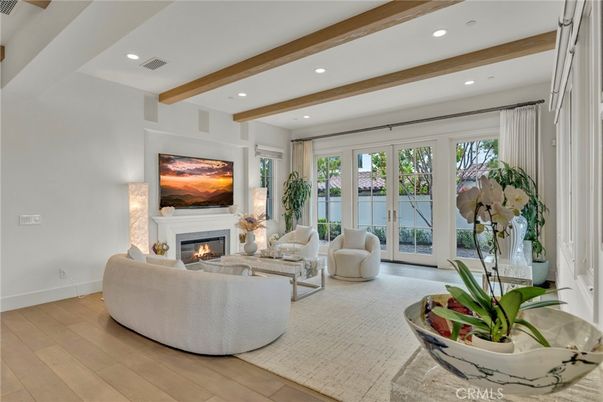 Fireplace, Interior, Living room, Recessed Lighting, Wooden Beams, Wood Texture Flooring