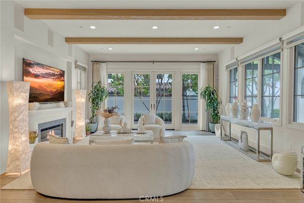 Fireplace, Interior, Living room, Recessed Lighting, Water, Wooden Beams, Wood Texture Flooring