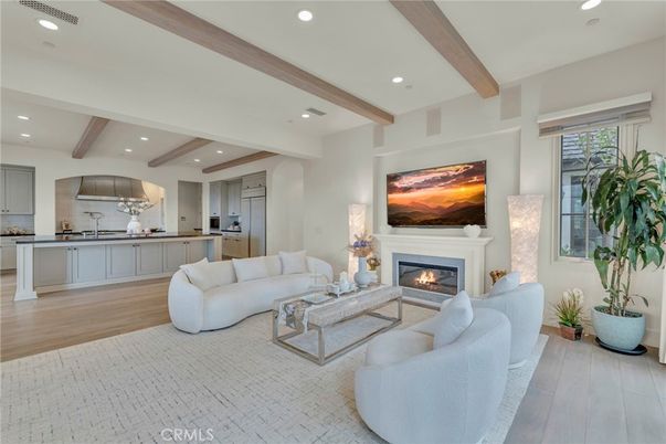 Fireplace, Interior, Kitchen, Living room, Recessed Lighting, Stainless Steel Appliances, Wooden Beams, Wood Texture Flooring