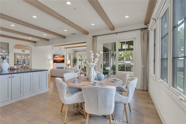Dining room, Interior, Recessed Lighting, Wooden Beams, Wood Texture Flooring