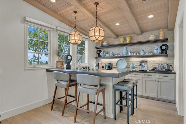 Interior, Kitchen, Pendant Lights, Recessed Lighting, Stone Walls, Wooden Beams, Wooden Ceilings, Wood Texture Flooring