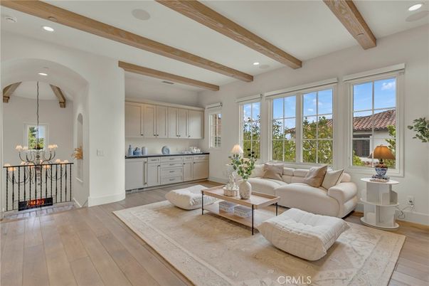 Chandelier, Interior, Living room, Recessed Lighting, Wooden Beams, Wood Texture Flooring