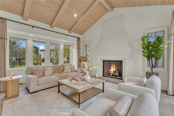 Fireplace, Interior, Living room, Recessed Lighting, Wooden Beams, Wooden Ceilings, Wood Texture Flooring