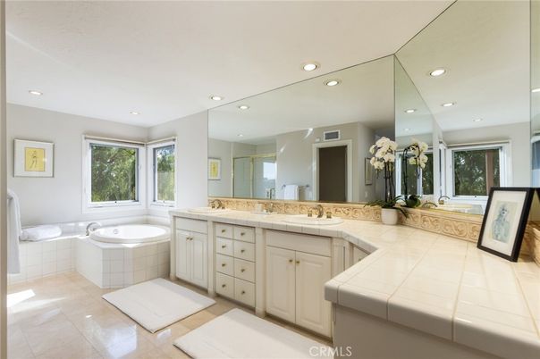Bathroom, Dual Sink Vanities, Interior, Recessed Lighting, Tile Countertops