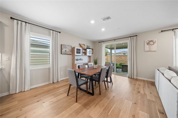 Dining room, Interior, Recessed Lighting, Wood Texture Flooring