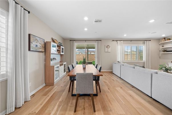 Dining room, Interior, Living room, Recessed Lighting, Wood Texture Flooring